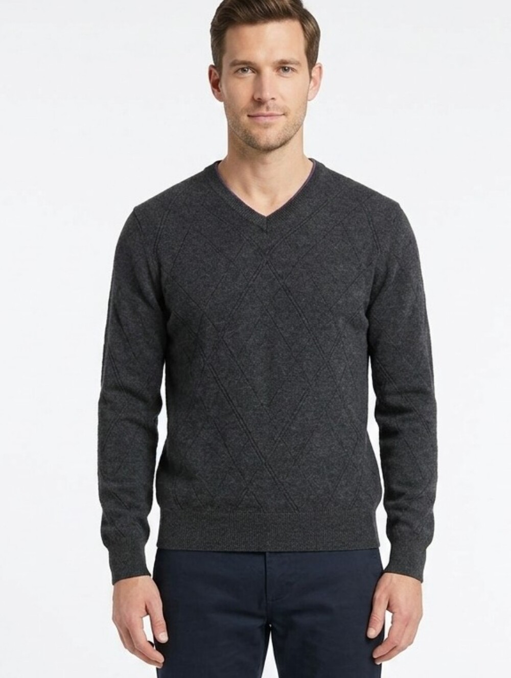 Alan Flusser Cotton Cashmere V-Neck Sweater Sz M Charcoal Argyle Diamond Knit